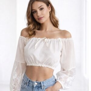 White Cropped Floral  Lace Elasticized Top